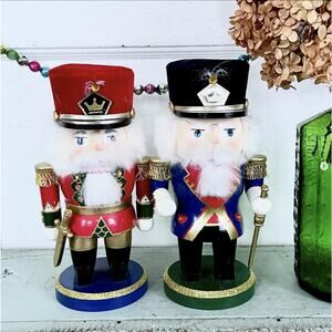 Vintage Lord & Taylor Wood Nutcracker Toy Soldiers Rhinestones Glitter PAIR